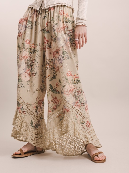 Bluevelvet Pants - Bluevelvet Floral Print Stretchy Waist Lace Trim Wide Leg Pants